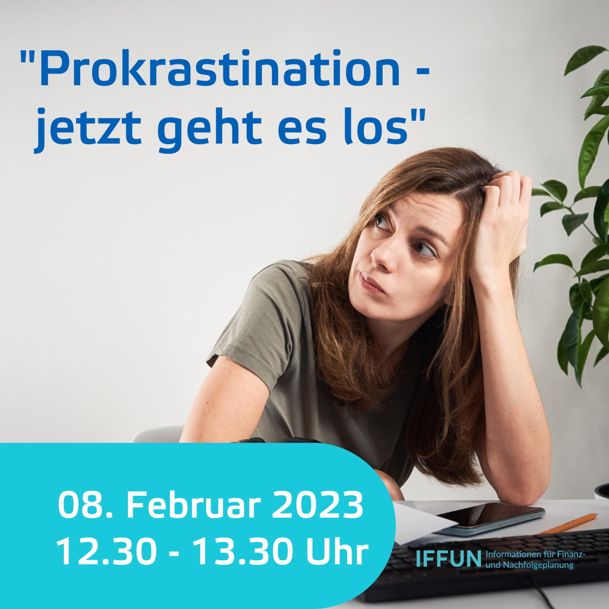 Frau denkt nach, Seminar zu Prokrastination.
