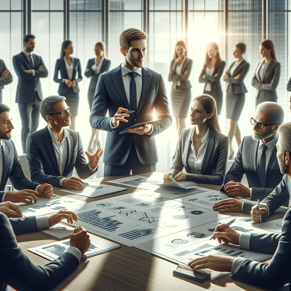 Geschäftsmeeting mit Präsentation und Diagrammen