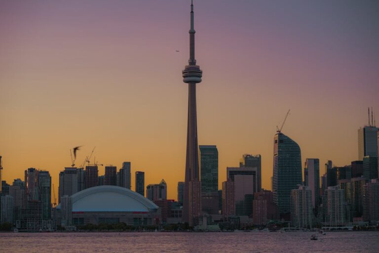 Sunset view of CN tower from Toronto Island