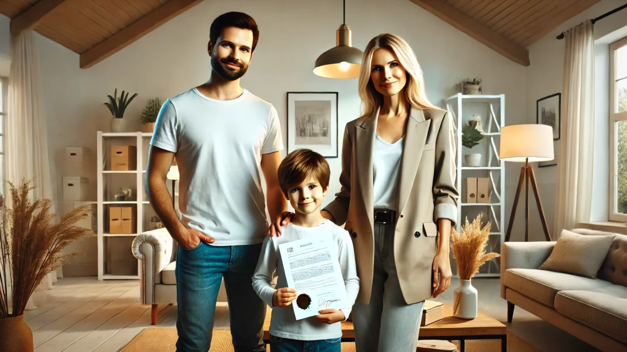 Familie im Wohnzimmer mit Zertifikat