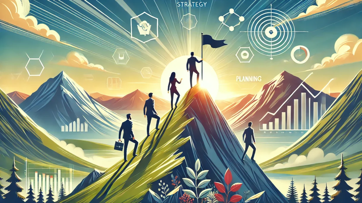 Strategie: Menschen auf Berggipfel mit Diagrammen und Sonne.
