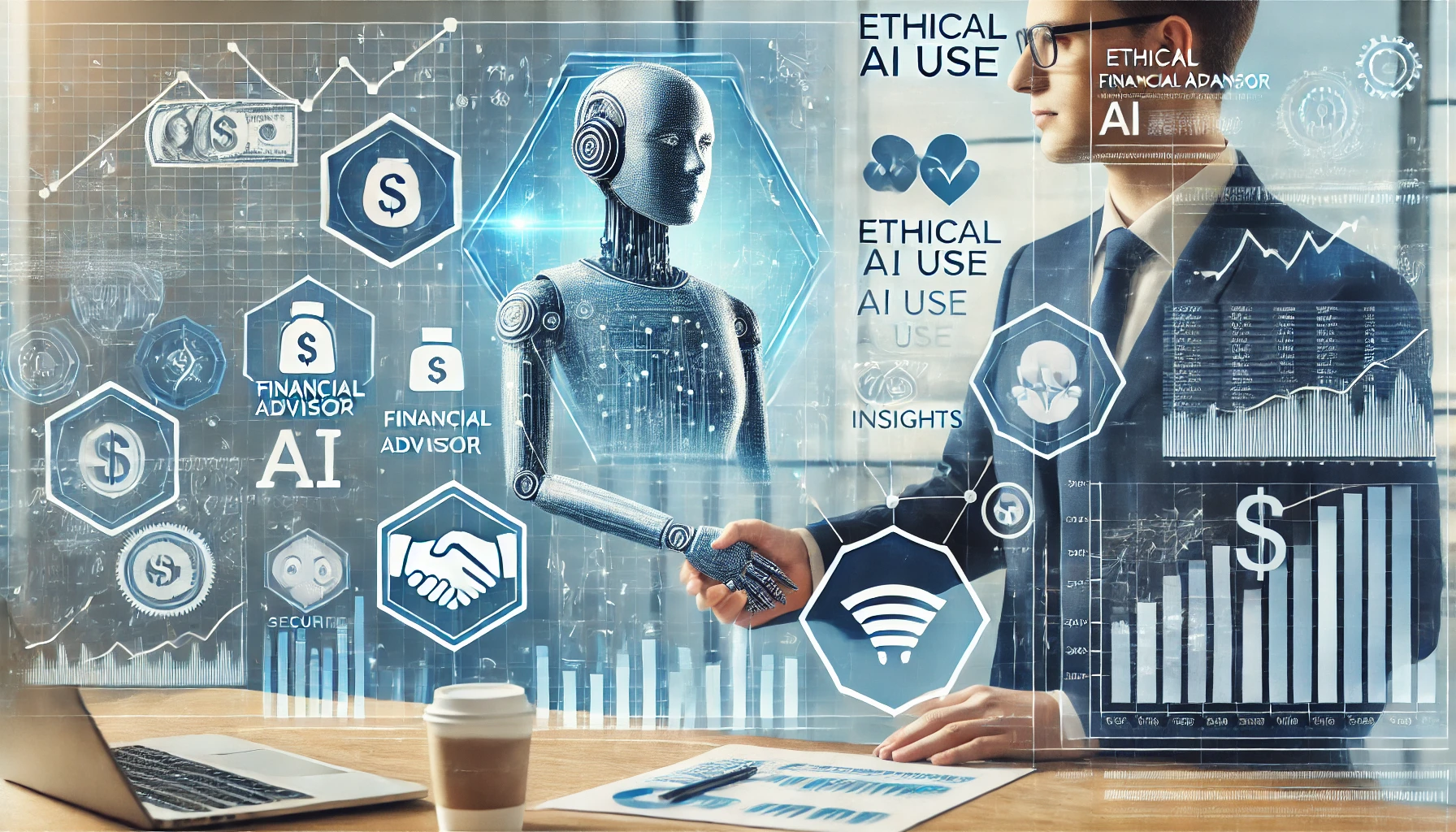 Mensch und Roboter, Händeschütteln vor Finanzdaten.