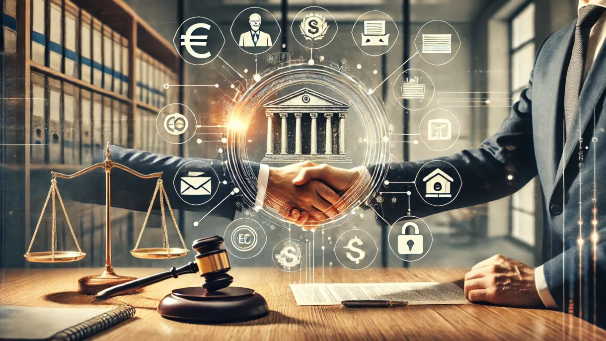 Geschäftshändedruck, Justiz- und Finanzsymbole, Vertrag unterschrieben.
