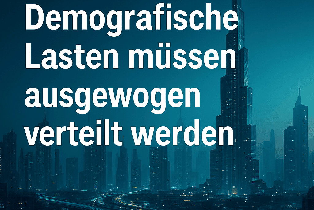 Stadtansicht bei Nacht mit Text: "Demografische Lasten verteilen".