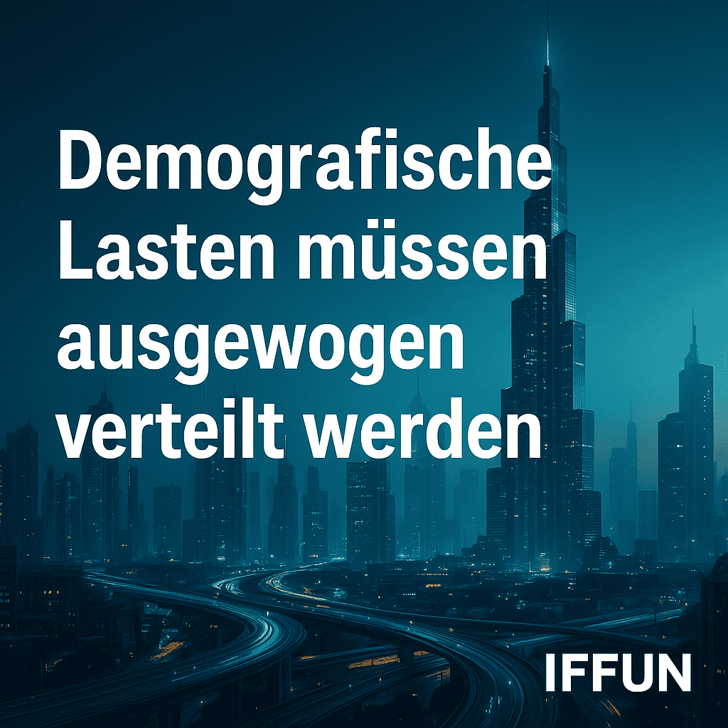Stadtansicht bei Nacht mit Text: "Demografische Lasten verteilen".