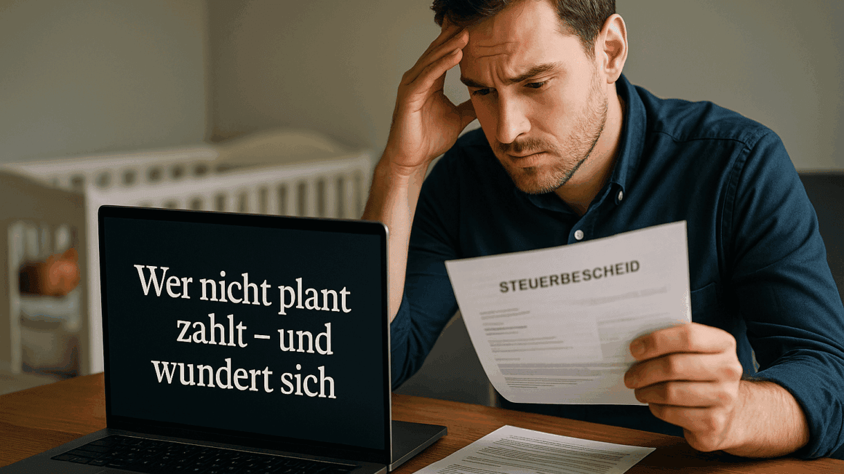 Mann überprüft seinen Steuerbescheid am Tisch.