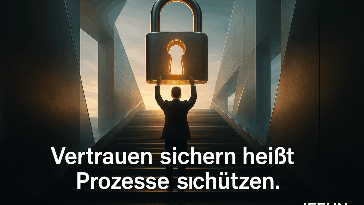 Mann hält großes Vorhängeschloss auf Treppe.