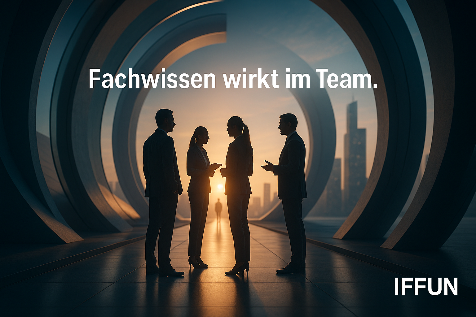 Vier Personen besprechen sich im Sonnenuntergang.