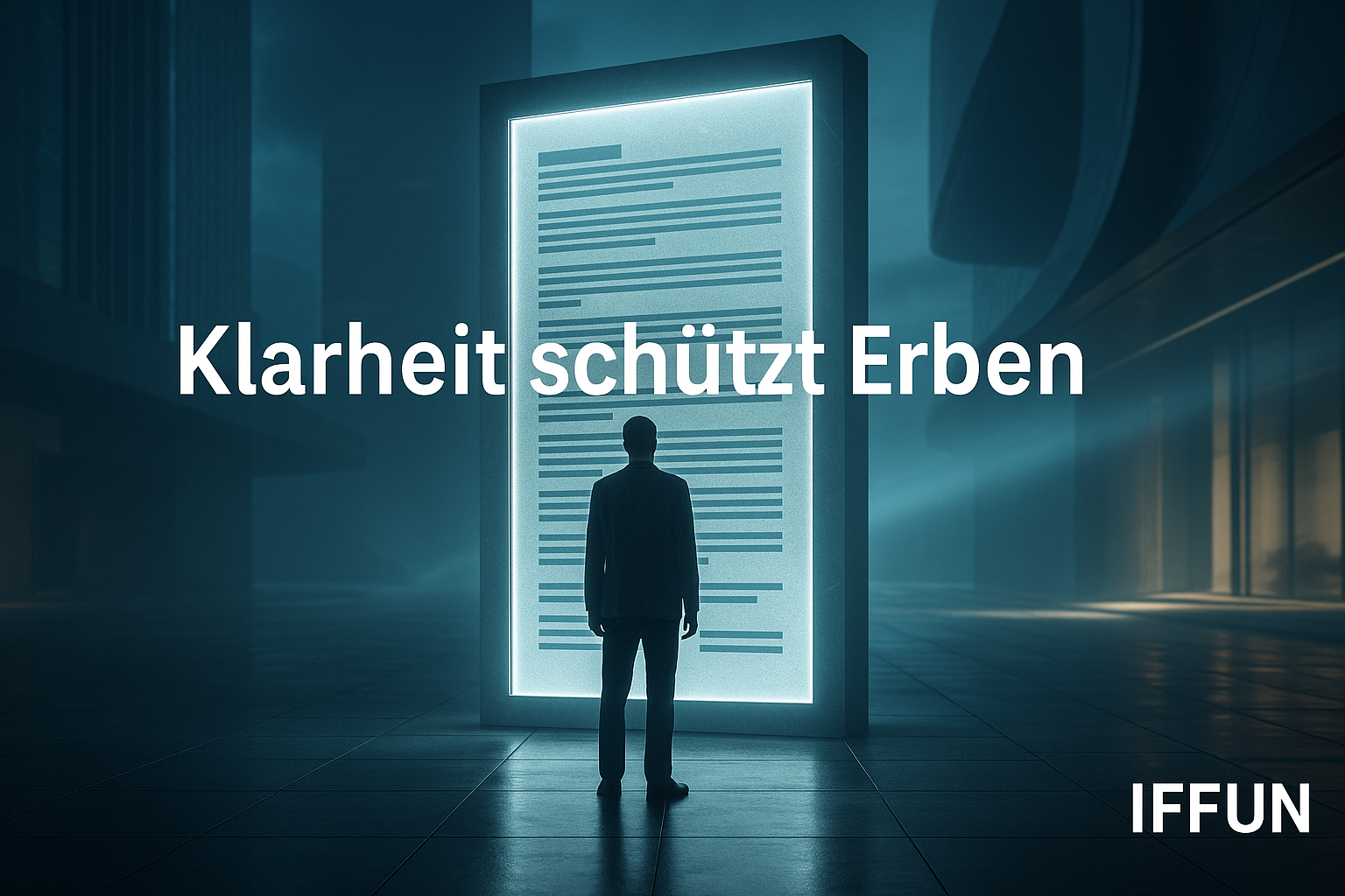 Person vor leuchtendem digitalen Bildschirm in Gebäude
