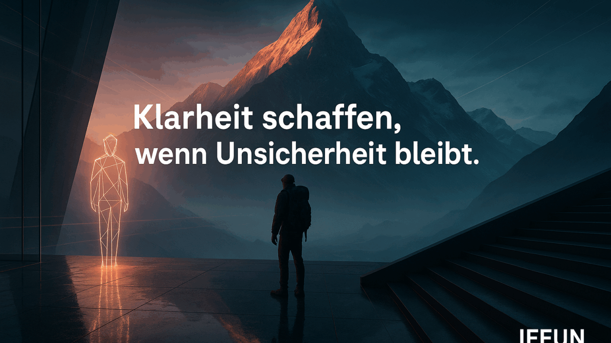 Bergsteiger vor leuchtendem Berg, Text über Klarheit, IFFUN