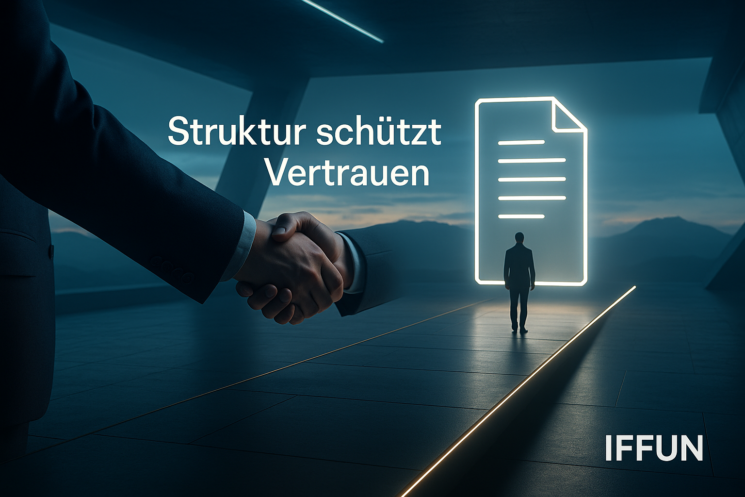 Hände schütteln vor leuchtendem Dokument in futuristischer Umgebung.