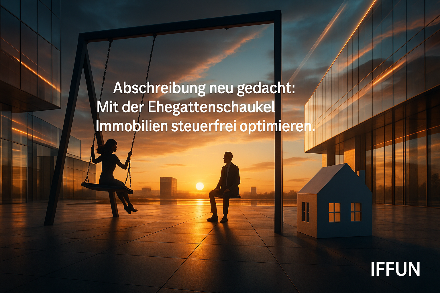 Silhouettes und Schaukel bei Sonnenuntergang.