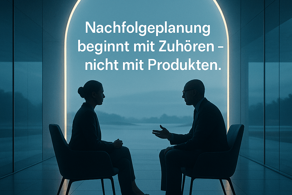 Zwei Personen im Gespräch vor leuchtendem Bogen.