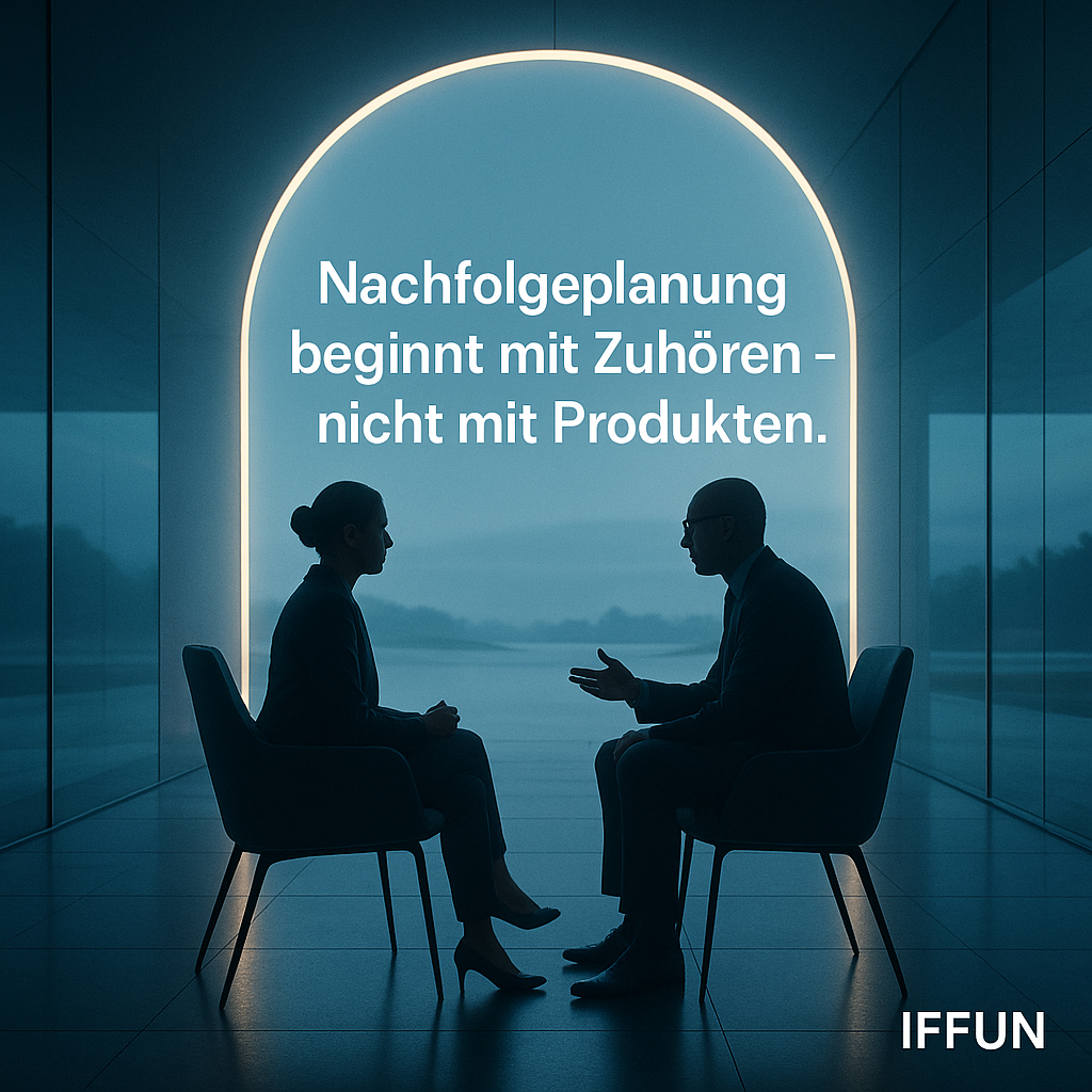 Zwei Personen im Gespräch vor leuchtendem Bogen.