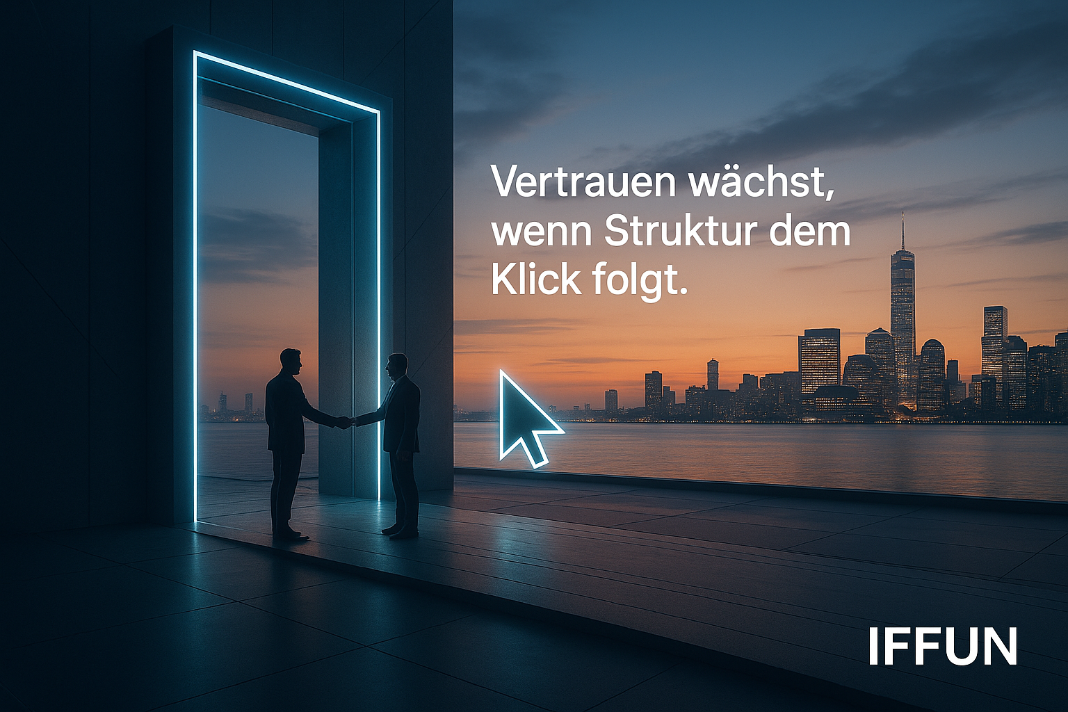 Zwei Personen schütteln Hände bei Sonnenuntergang.