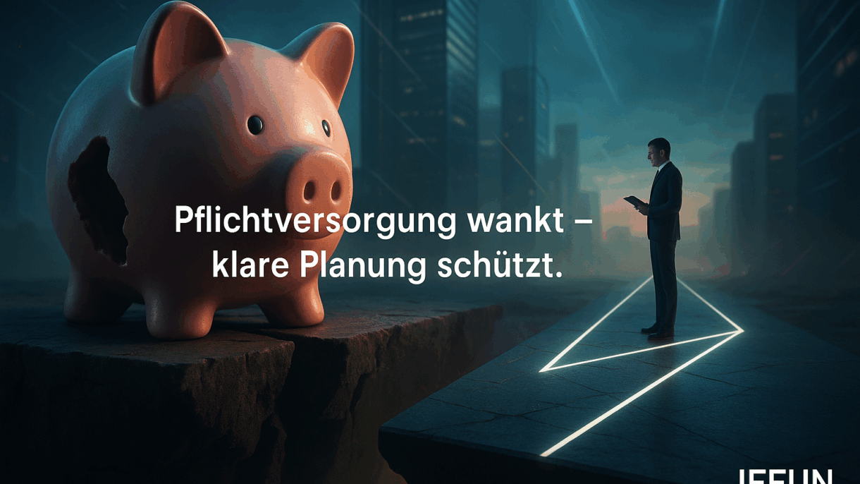 Mann mit Tablet vor Riss, großes Sparschwein.