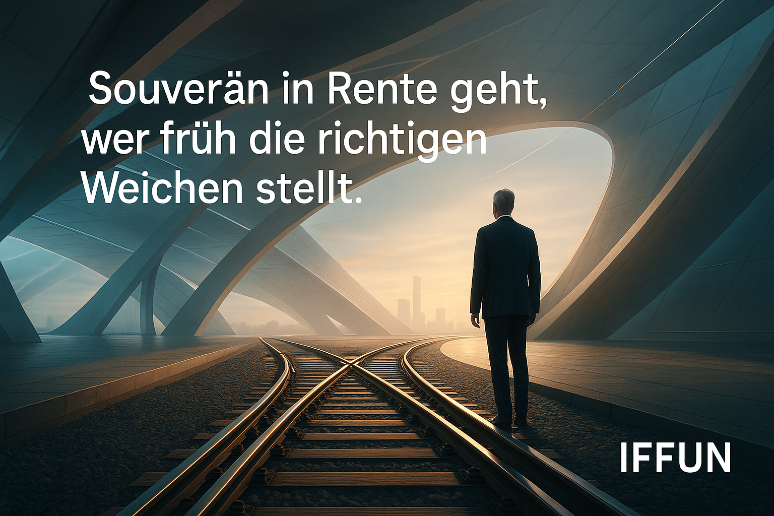 Mann an Gleisen unter Brücke bei Sonnenuntergang