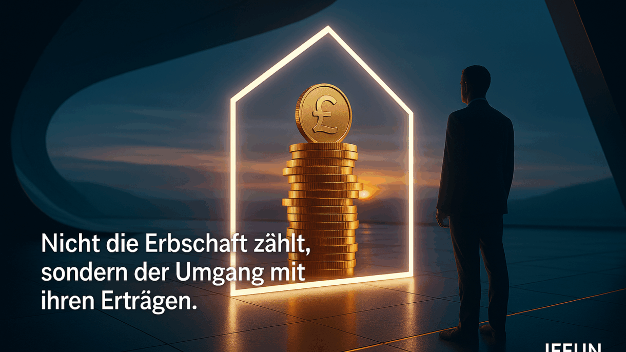 Mann betrachtet Stapel goldener Münzen im Sonnenuntergang.