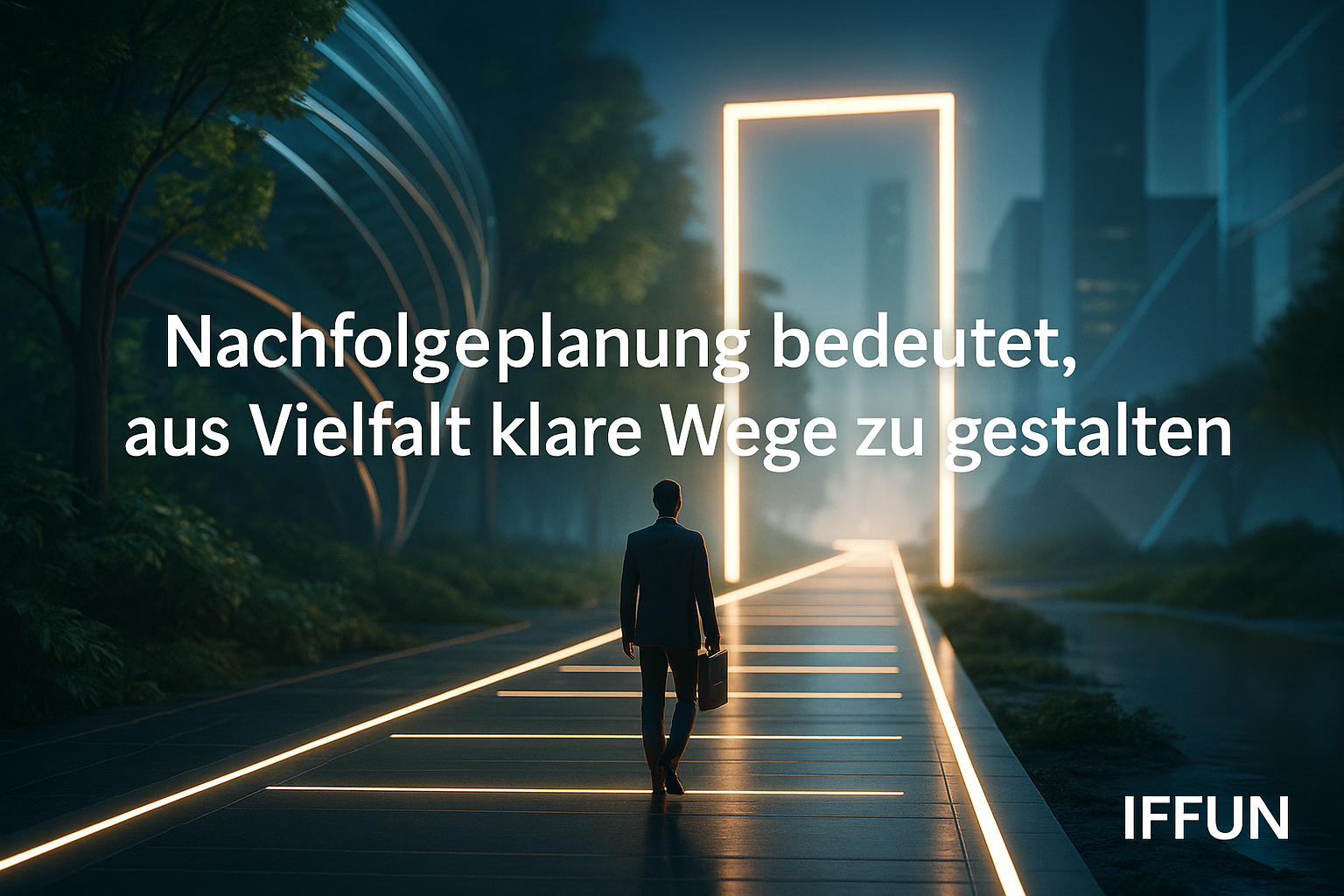 Mann geht auf leuchtenden Torbogen zu, Zukunftsvision