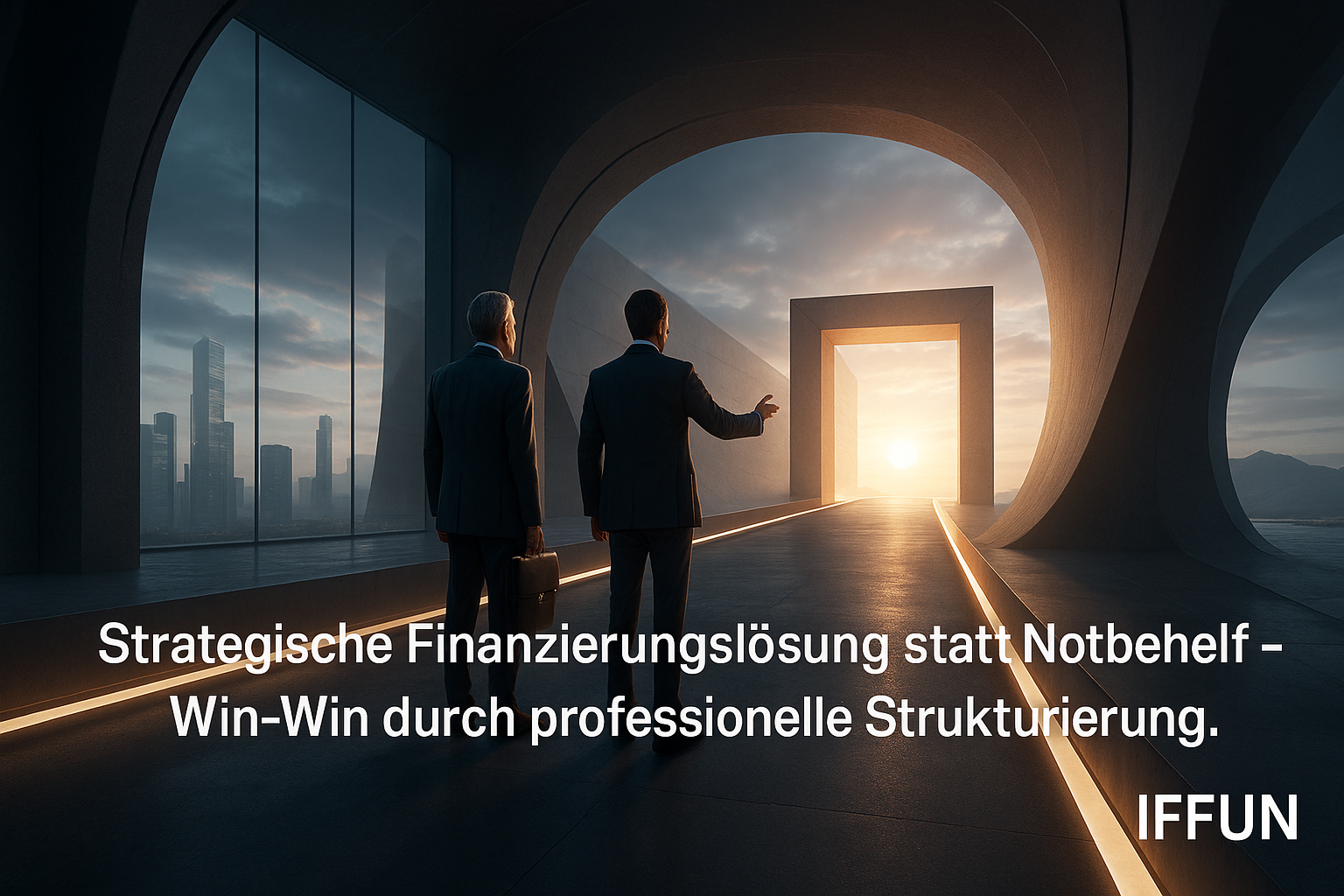 Zwei Geschäftsleute betrachten Sonnenuntergang durch Bogenstruktur.