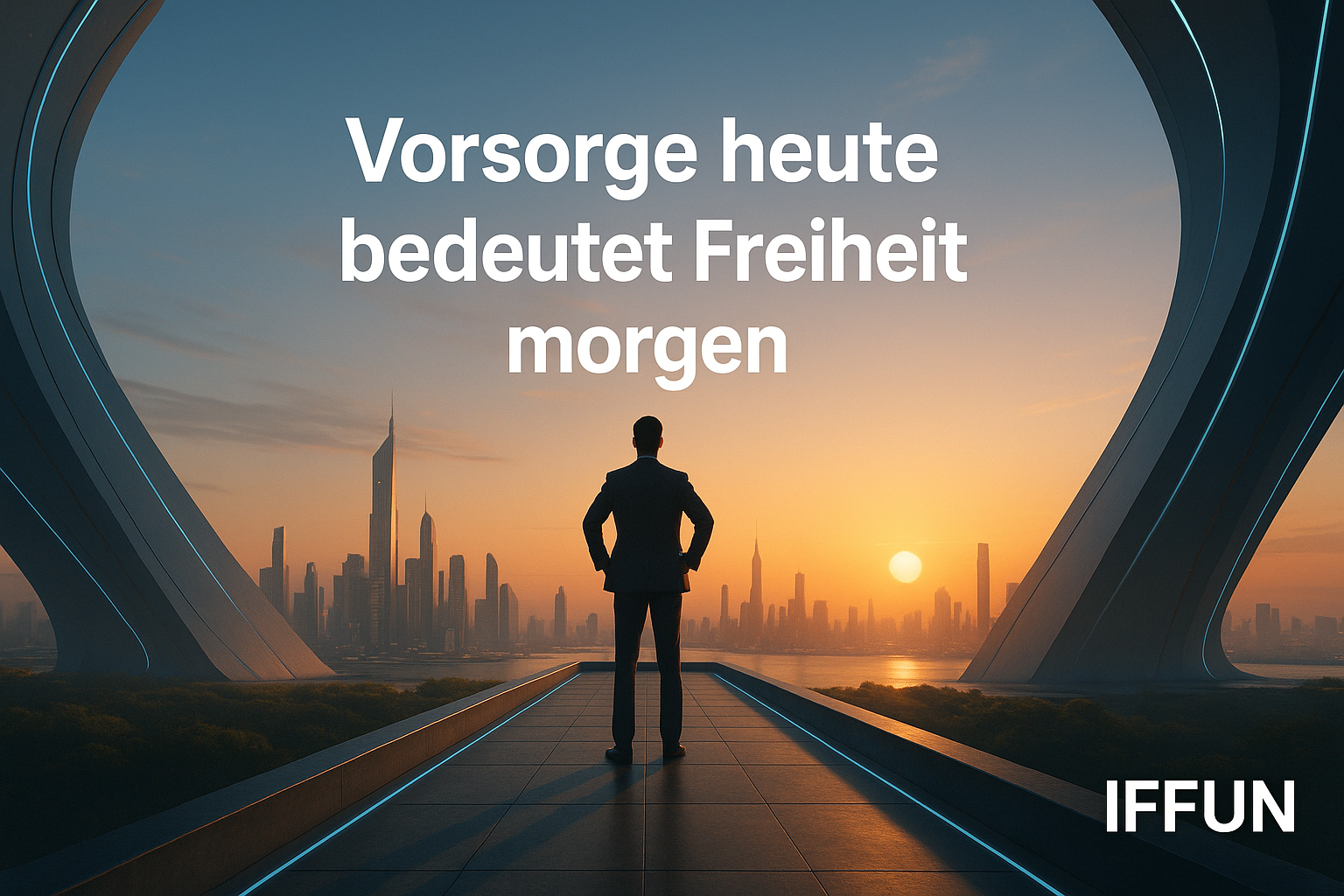 Mann schaut bei Sonnenaufgang auf futuristische Stadt.