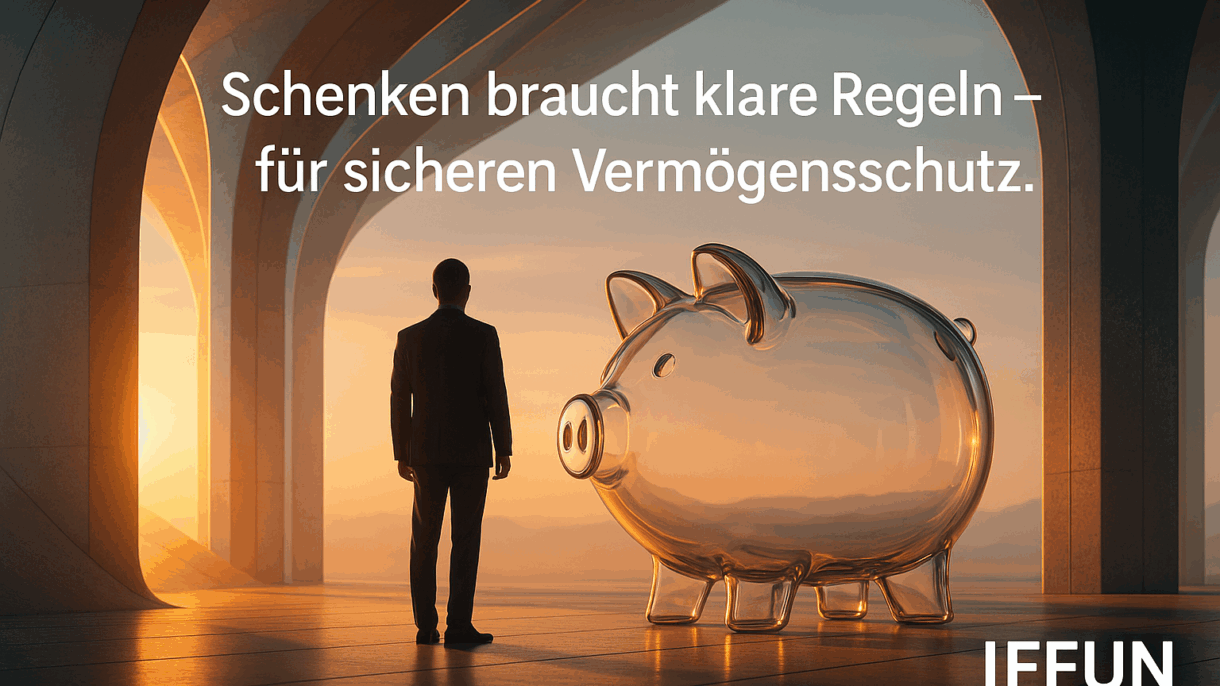 Gläsernes Sparschwein und Mann bei Sonnenuntergang