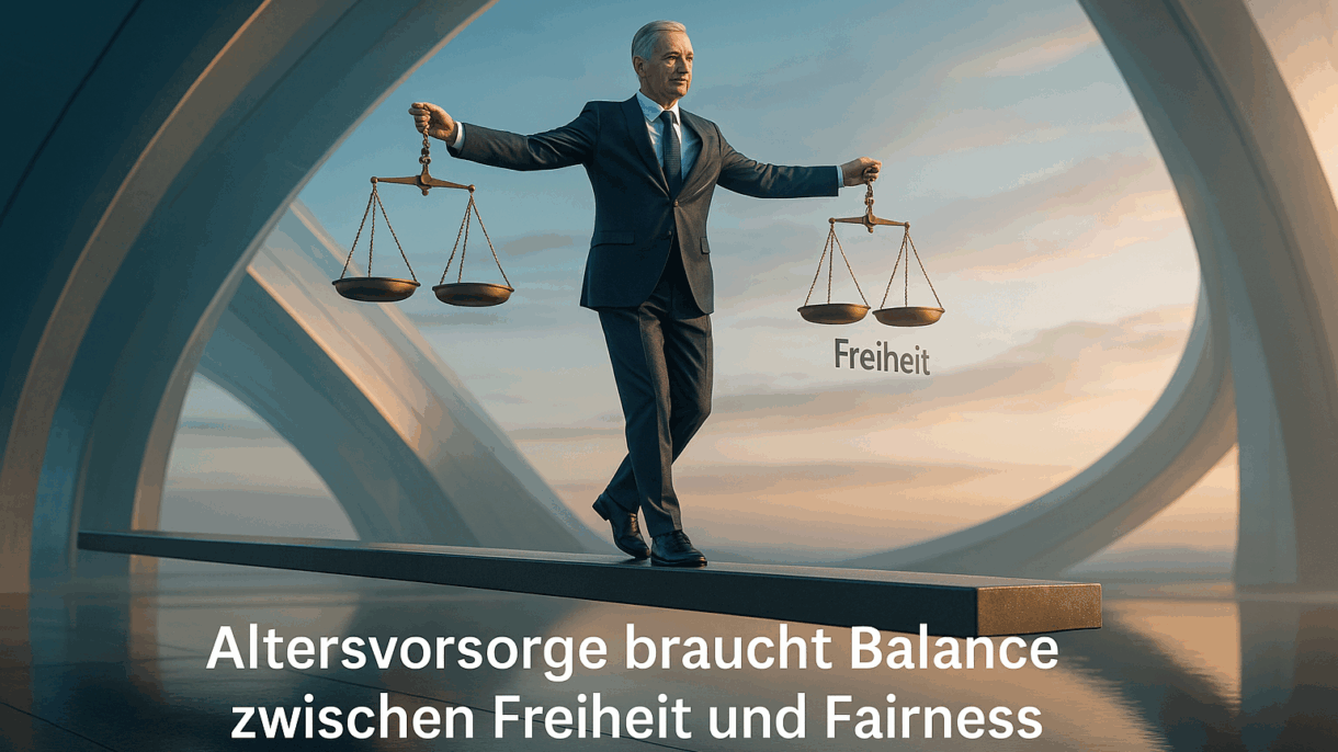 Mann balanciert Waagen für Freiheit und Fairness.