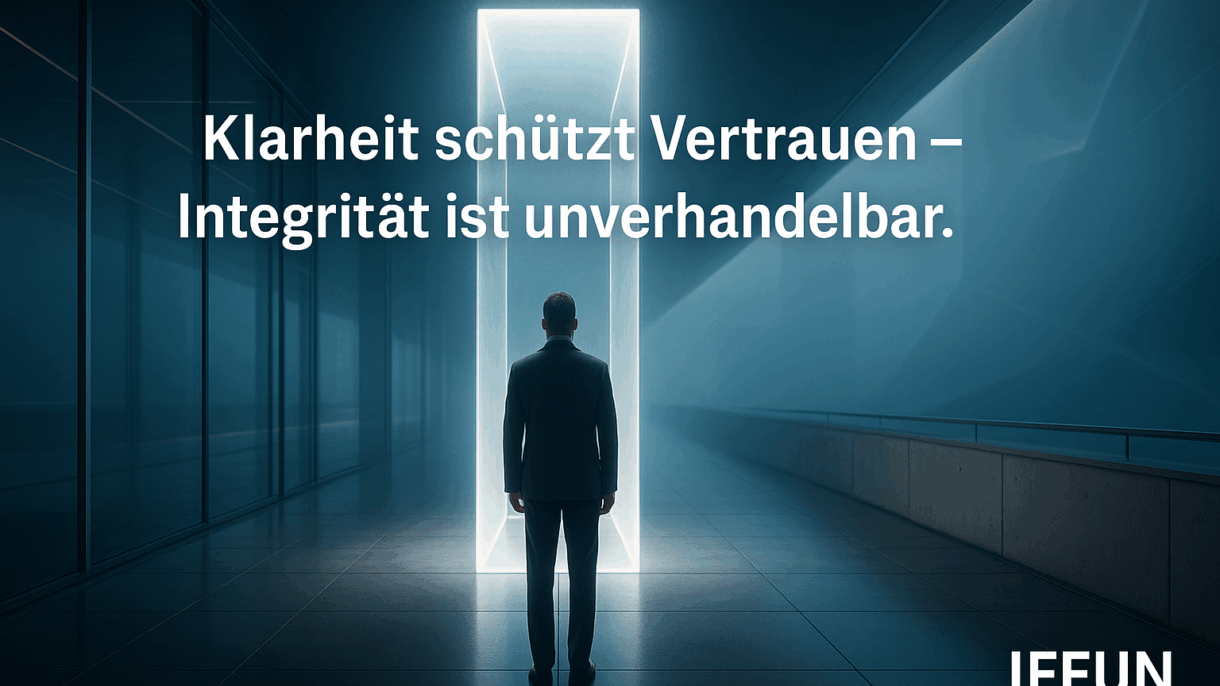 Mann vor leuchtendem Rechteck, Text zur Integrität.