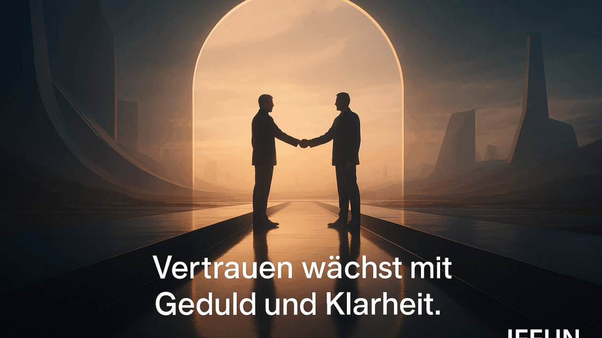 Zwei Silhouetten unter Torbogen, Händedruck im Sonnenuntergang.