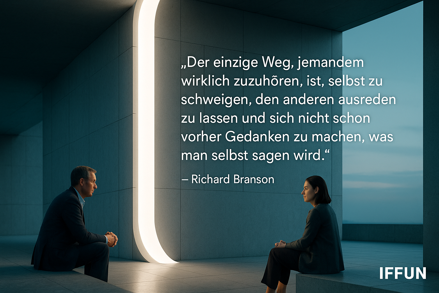 Zwei Personen im Gespräch vor beleuchteter Wand.