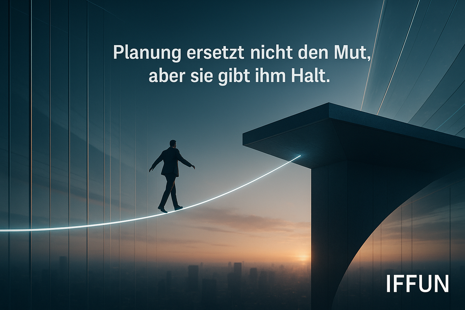 Mann balanciert auf Leine zwischen Gebäuden, Sonnenuntergang.