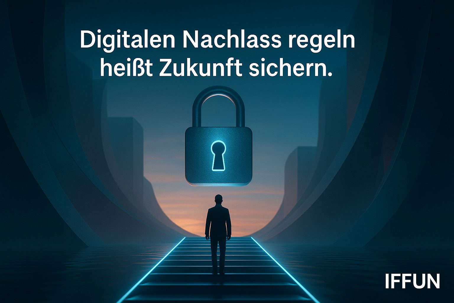 Mann vor großem Schloss auf digitalem Pfad.