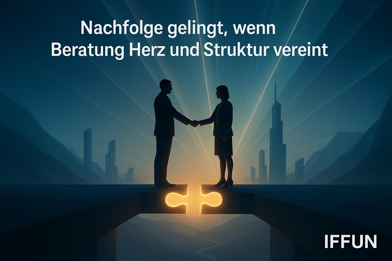 Geschäftspartner reichen sich die Hand auf einer Brücke.