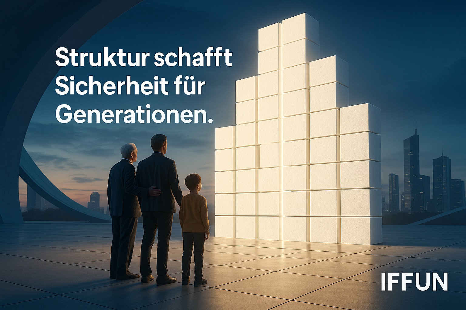 Menschen bewundern leuchtende Würfelinstallation in moderner Stadt
