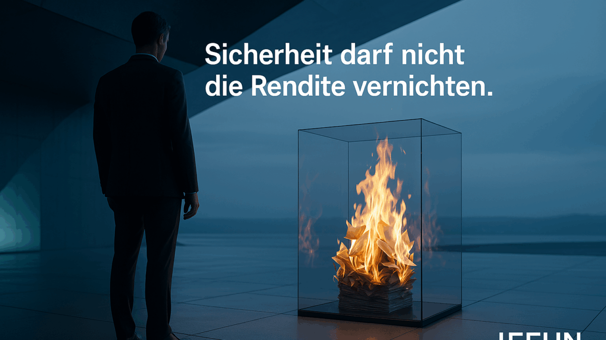 Mann betrachtet brennende Papiere in Glasbox.