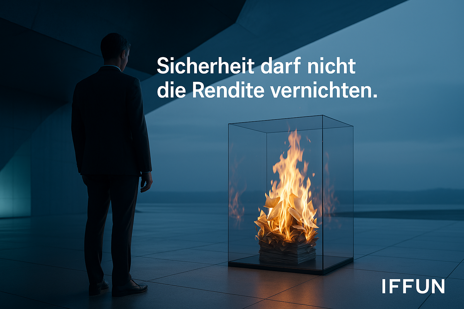 Mann betrachtet brennende Papiere in Glasbox.