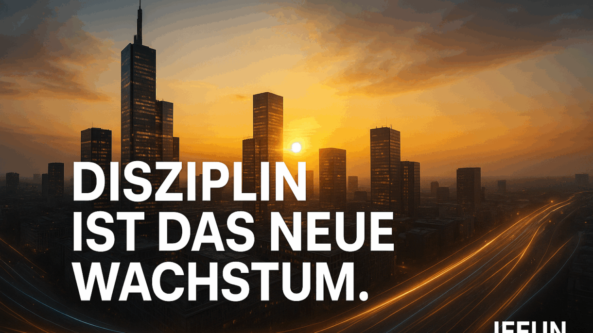 Sonnenuntergang über Stadt mit Skyscrapern, Disziplin Zitat.