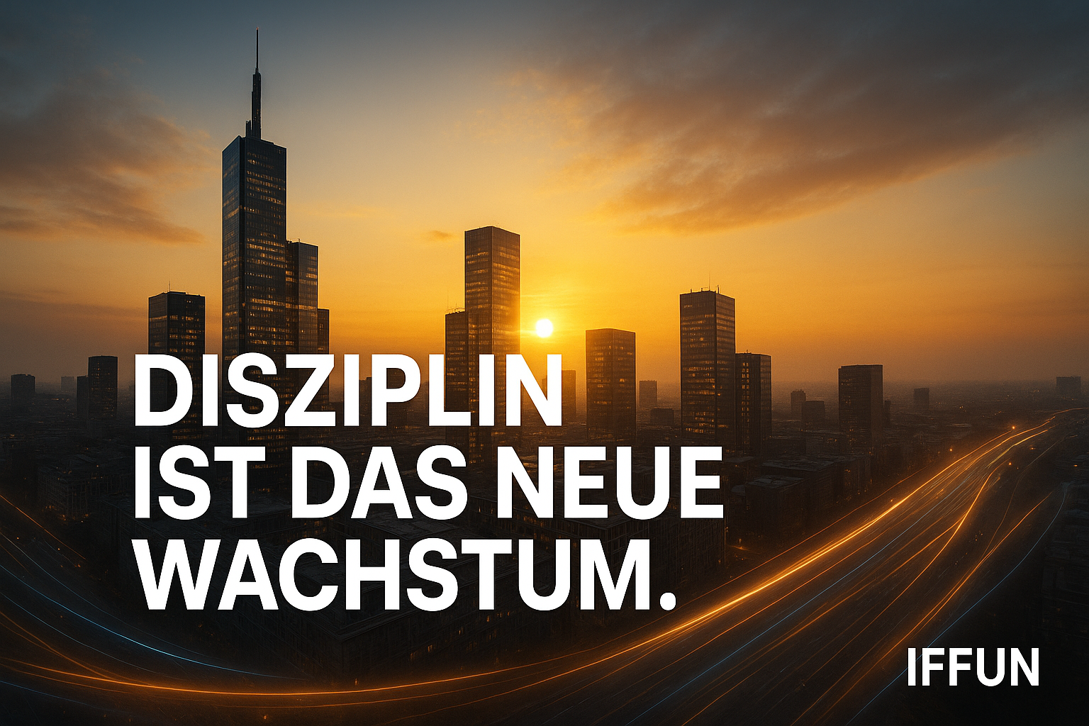 Sonnenuntergang über Stadt mit Skyscrapern, Disziplin Zitat.