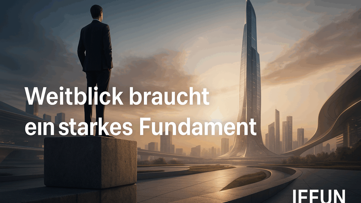Person blickt auf futuristische Stadtlandschaft bei Sonnenuntergang.