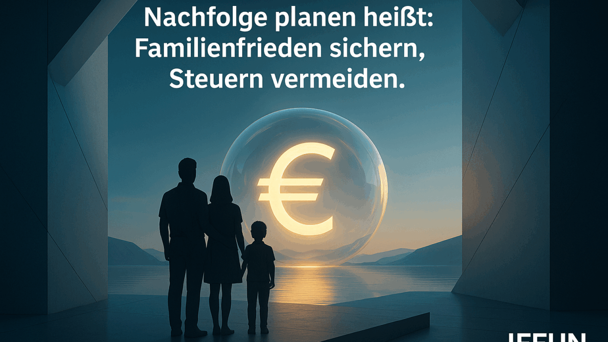Familie vor Eurozeichen in Glas. Nachfolge planen.