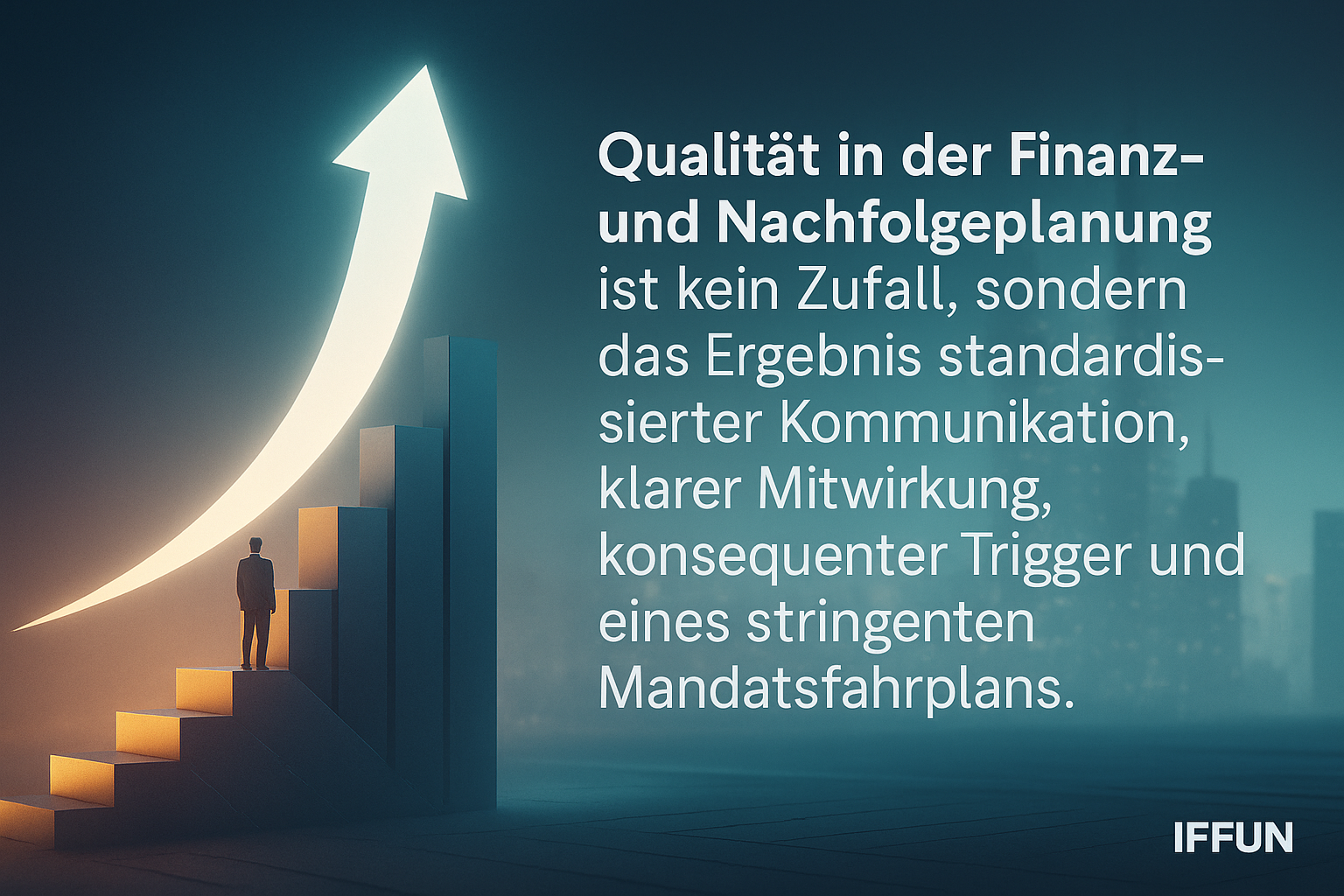 Mann vor steigendem Balkendiagramm und Pfeil.