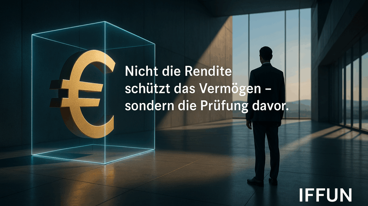 Mann betrachtet goldenes Euro-Zeichen im Glaskasten.