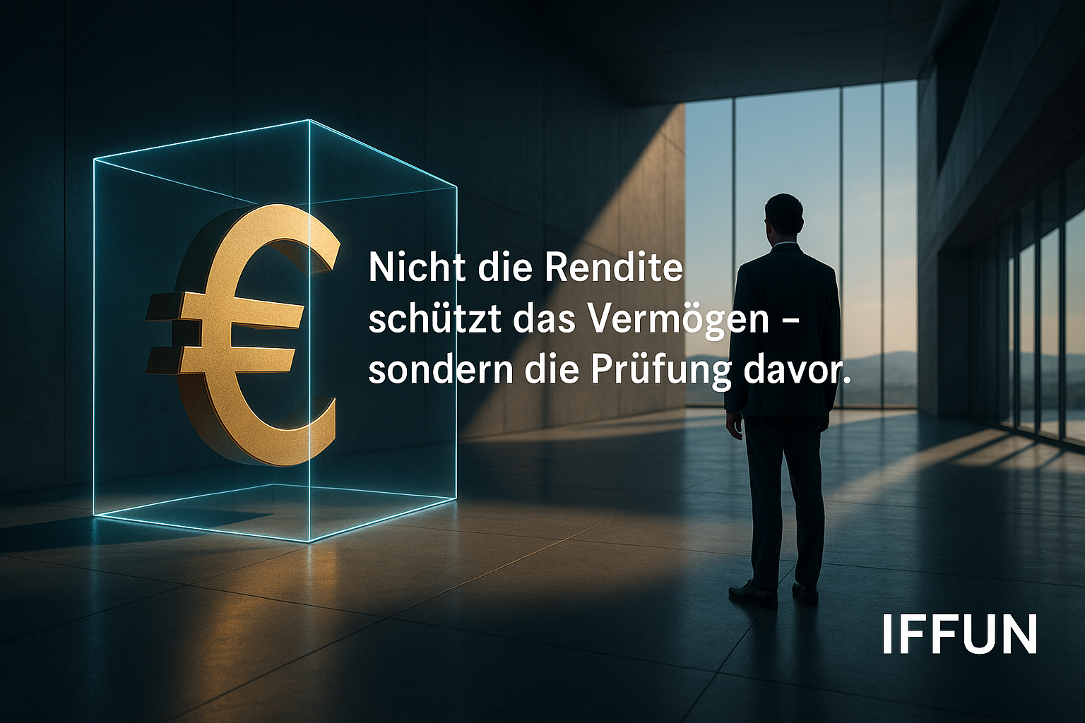 Mann betrachtet goldenes Euro-Zeichen im Glaskasten.