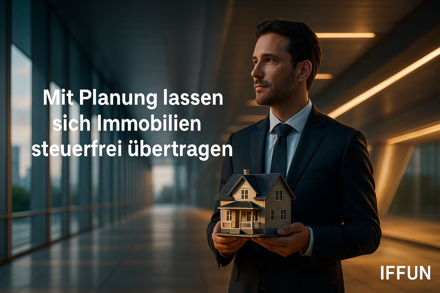 Mann mit Modellhaus, steuerfreier Immobilienübertrag