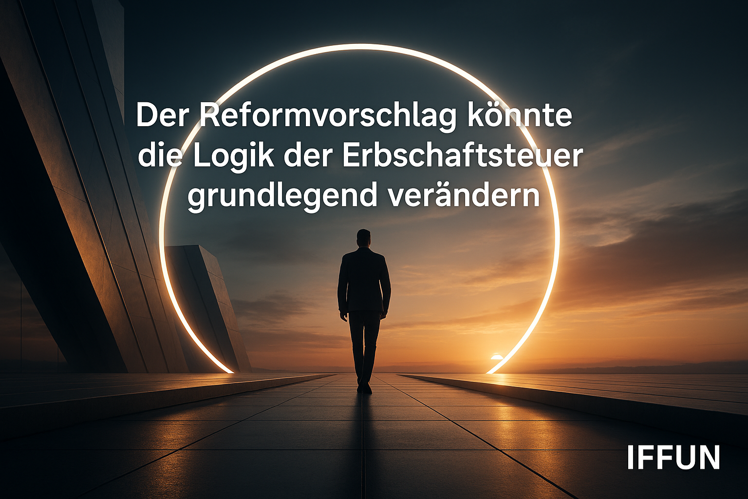 Person vor leuchtendem Kreis bei Sonnenuntergang.