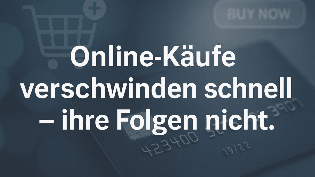 Kreditkarte und Warenkorbsymbol, Text über Online-Käufe.
