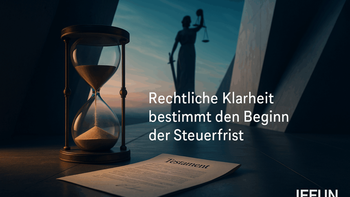 Sanduhr, Testament, Justitia-Statue im Hintergrund