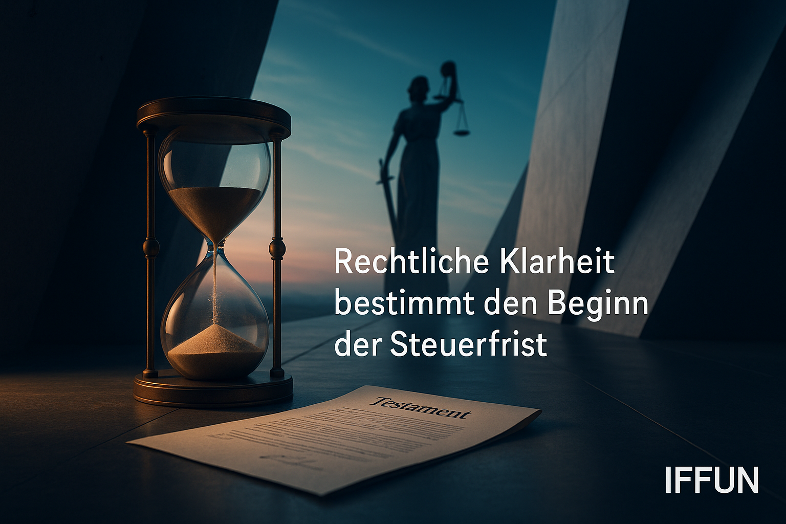 Sanduhr, Testament, Justitia-Statue im Hintergrund