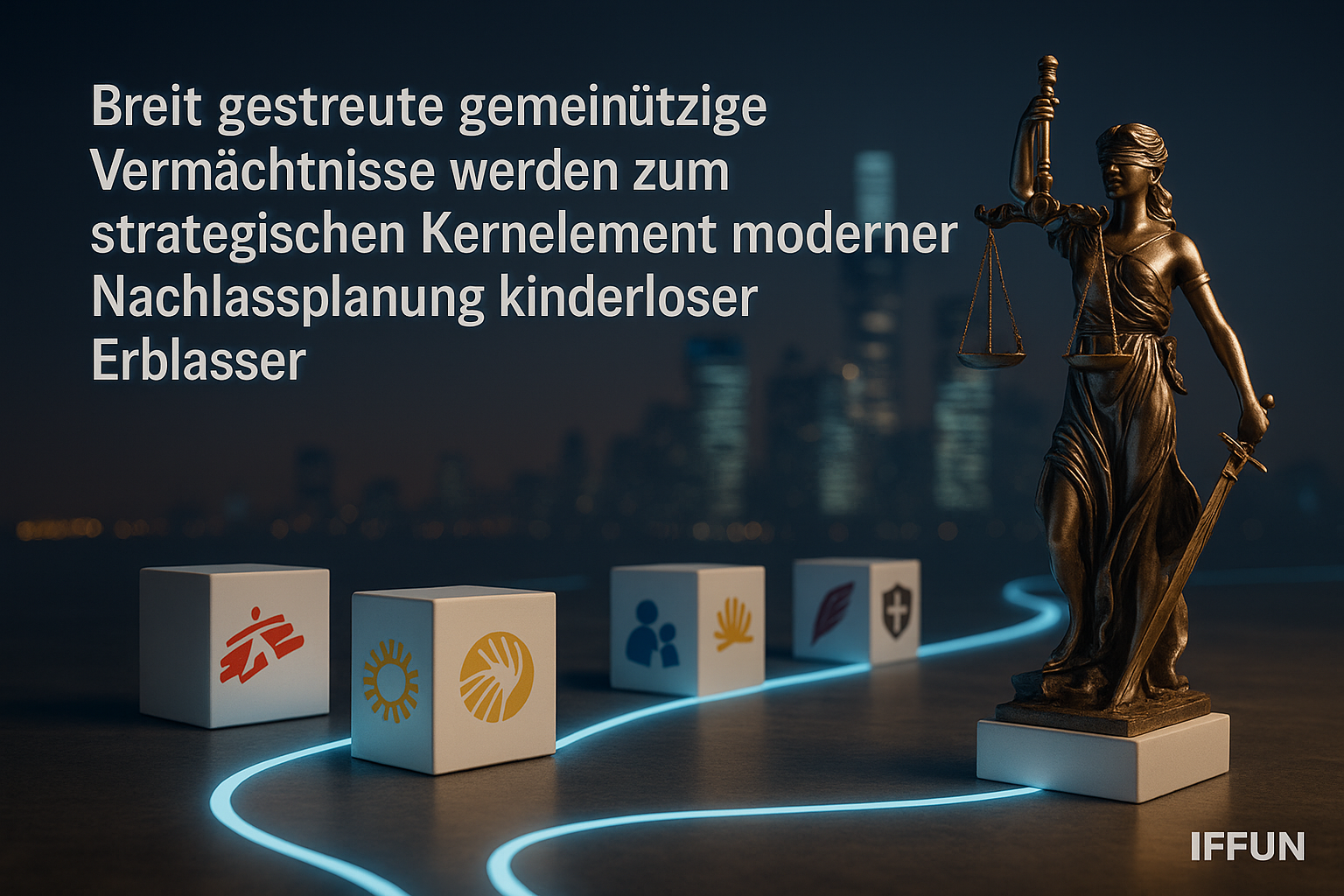 Schwerterstatue und Würfel auf hellem Hintergrund.