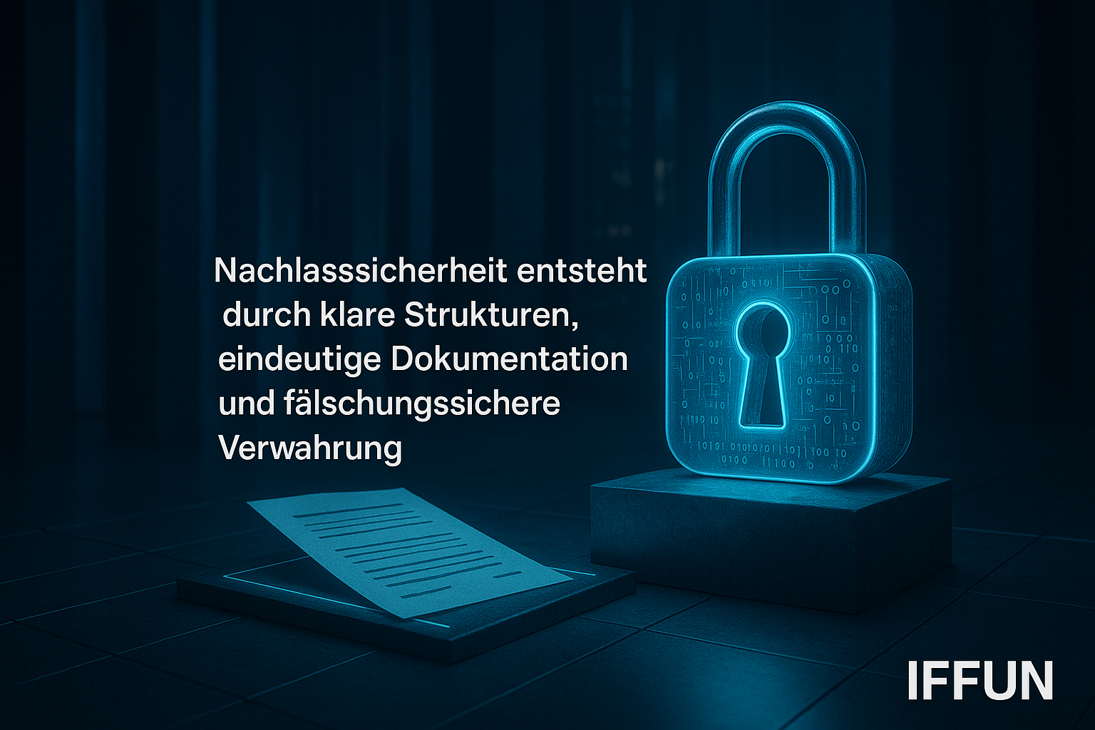 Großes Vorhängeschloss mit Dokumenten im Dunkeln